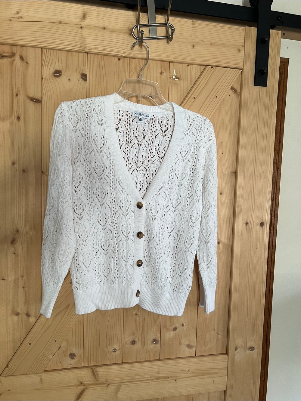 St. John's Bay White Openwork V-Neck Button Cardigan with Brown Buttons